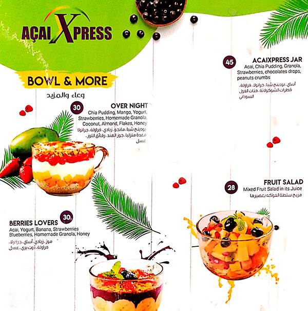 AcaiXpress Menu, Menu for AcaiXpress, Yas Island, Abu Dhabi 