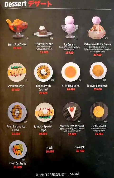 Samurai Japanese Restaurant Menu 