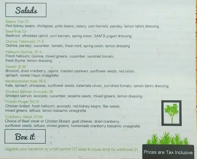 Sam's Box Menu, Menu for Sam's Box, Embassies District, Abu Dhabi 