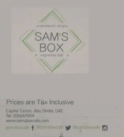 Sam's Box Menu, Menu for Sam's Box, Embassies District, Abu Dhabi 