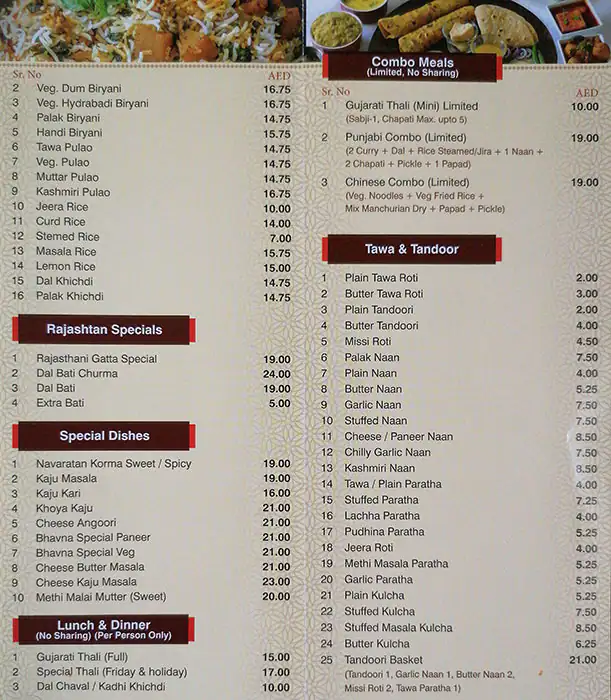 Bhavna Menu, Menu for Bhavna, Madinat Zayed, Abu Dhabi 