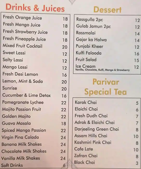 Parivar Restaurant Menu, Menu for Parivar Restaurant, Al Markaziya, Abu Dhabi 