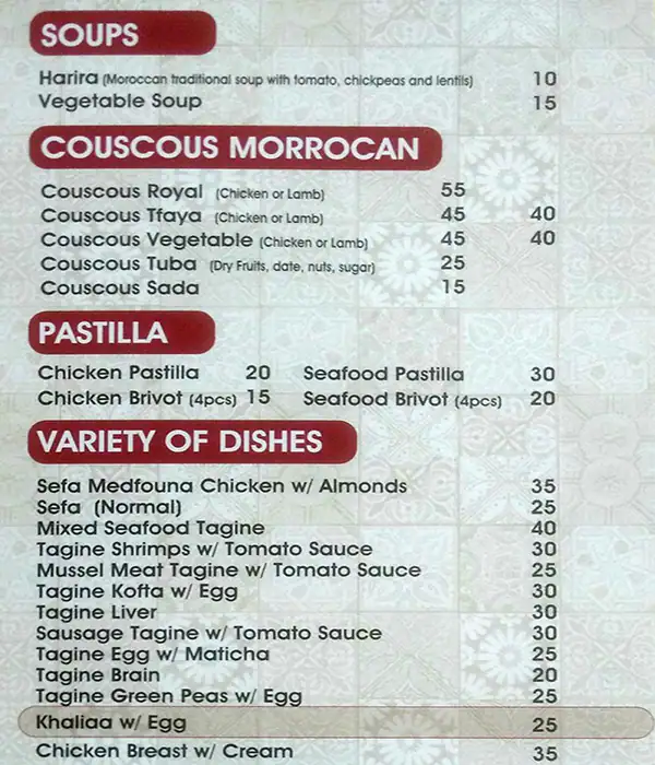 Argana Restaurant Menu, Menu for Argana Restaurant, Tourist Club Area (Al Zahiyah), Abu Dhabi 