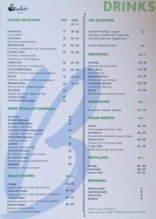 Beachside Cafe Menu, Menu for Beachside Cafe, Al Reem Island, Abu Dhabi 