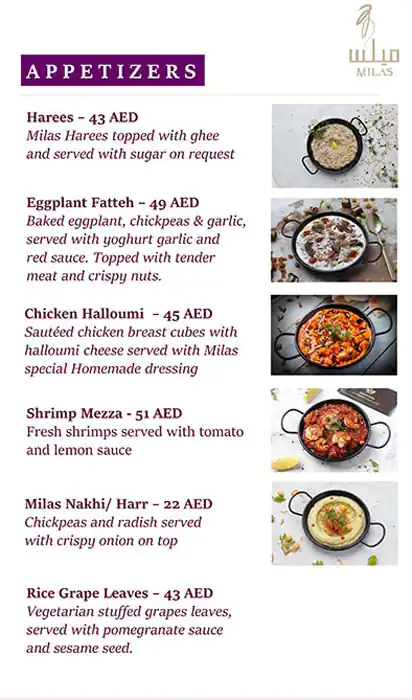 Milas - ميلس Menu, Menu for Milas - ميلس, Mussafah Sanaiya, Abu Dhabi 