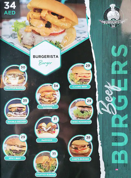 The Burgerista Menu, Menu for The Burgerista, Muroor, Abu Dhabi 