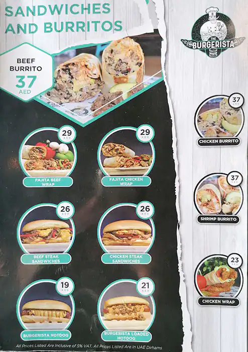 The Burgerista Menu, Menu for The Burgerista, Muroor, Abu Dhabi 