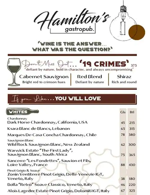 Hamilton's Gastropub - Saadiyat Rotana Resort & Villas Menu 