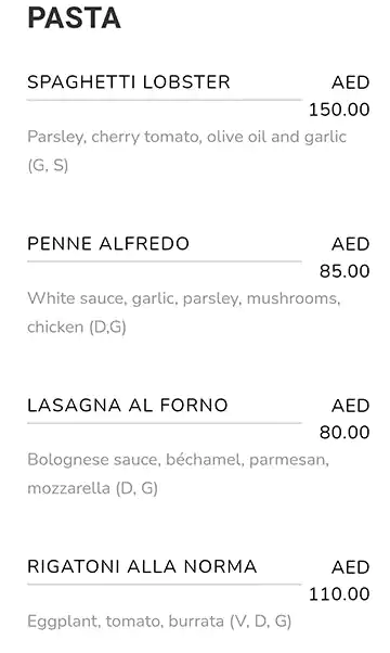 Larte Menu, Menu for Larte, Saadiyat Island, Abu Dhabi 