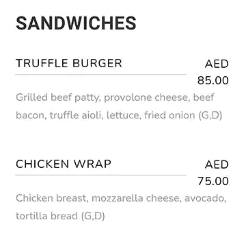 Larte Menu, Menu for Larte, Saadiyat Island, Abu Dhabi 