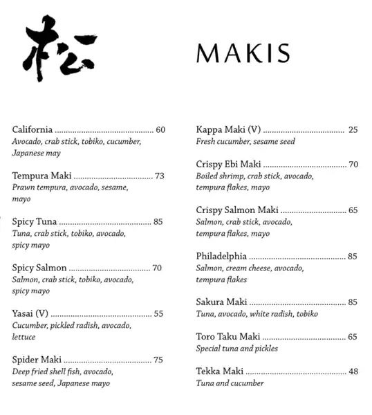 Matsu Menu, Menu for Matsu, Yas Island, Abu Dhabi 