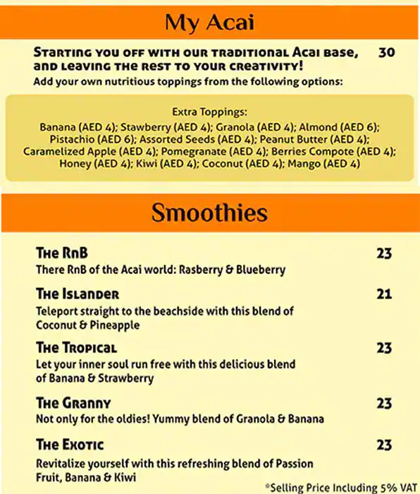 All Things Acai Menu, Menu for All Things Acai, Al Nahyan, Abu Dhabi 