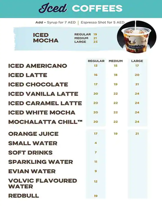 Cinnabon Menu, Menu for Cinnabon, Masdar City, Abu Dhabi 