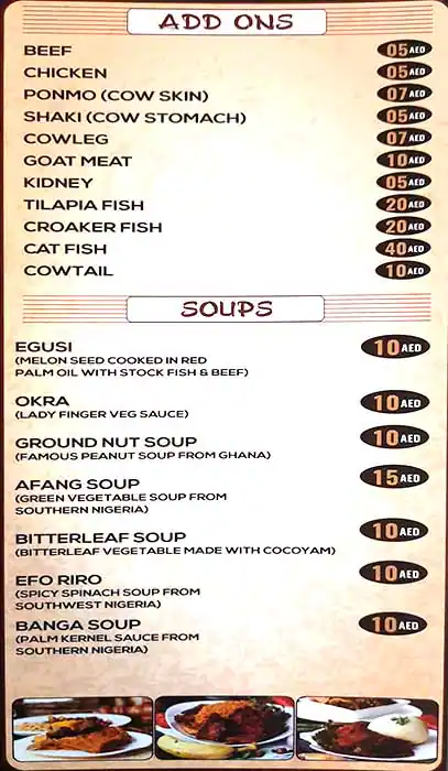 African Dishes Restaurant Menu 