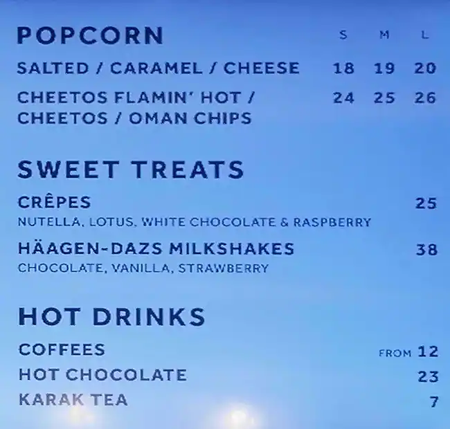 VOX Cinemas Menu, Menu for VOX Cinemas, Tourist Club Area (Al Zahiyah), Abu Dhabi 