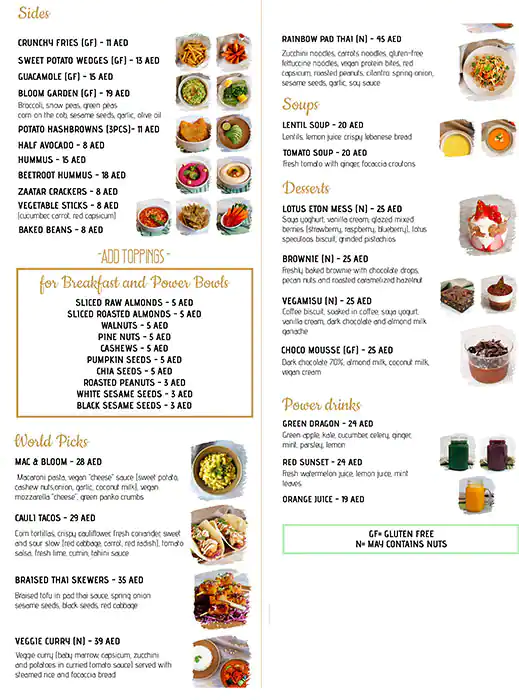 BLOOM Vegan Kitchen Menu, Menu for BLOOM Vegan Kitchen, Mussafah Sanaiya, Abu Dhabi 