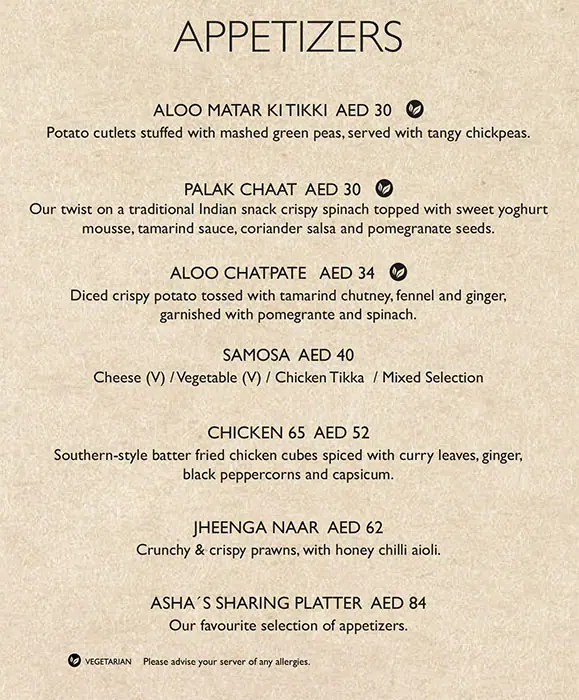 Asha's Menu, Menu for Asha's, Al Maryah Island, Abu Dhabi 