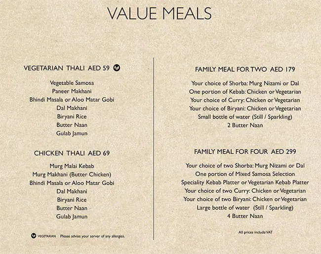 Asha's Menu, Menu for Asha's, Al Maryah Island, Abu Dhabi 