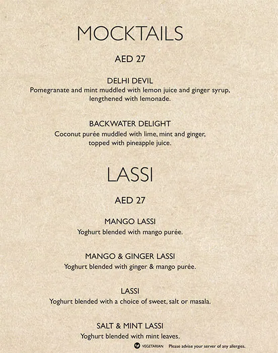 Asha's Menu, Menu for Asha's, Al Maryah Island, Abu Dhabi 