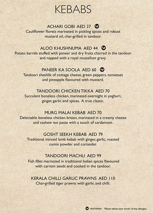 Asha's Menu, Menu for Asha's, Al Maryah Island, Abu Dhabi 