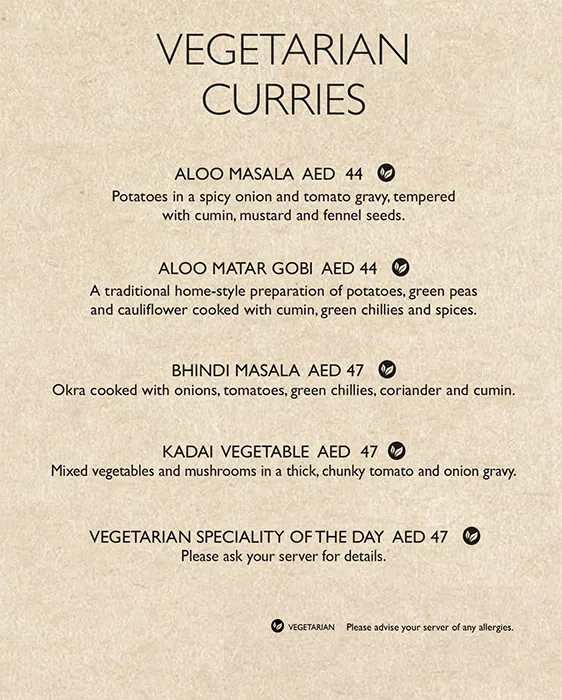 Asha's Menu, Menu for Asha's, Al Maryah Island, Abu Dhabi 