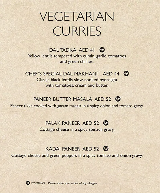 Asha's Menu, Menu for Asha's, Al Maryah Island, Abu Dhabi 