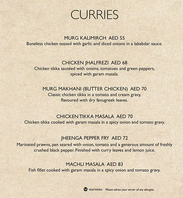 Asha's Menu, Menu for Asha's, Al Maryah Island, Abu Dhabi 