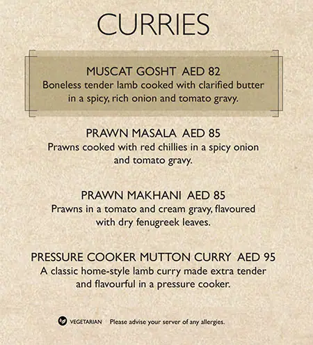 Asha's Menu, Menu for Asha's, Al Maryah Island, Abu Dhabi 