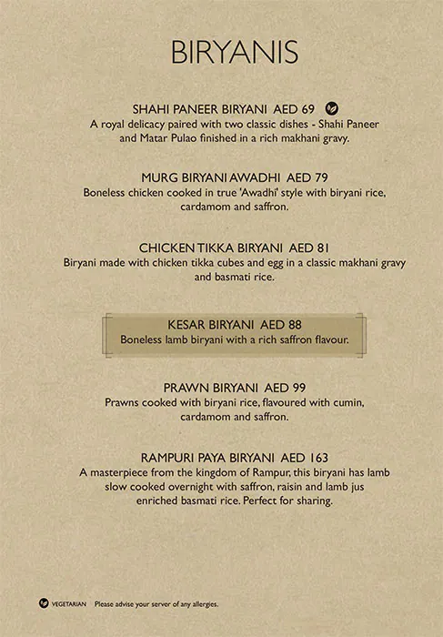 Asha's Menu, Menu for Asha's, Al Maryah Island, Abu Dhabi 