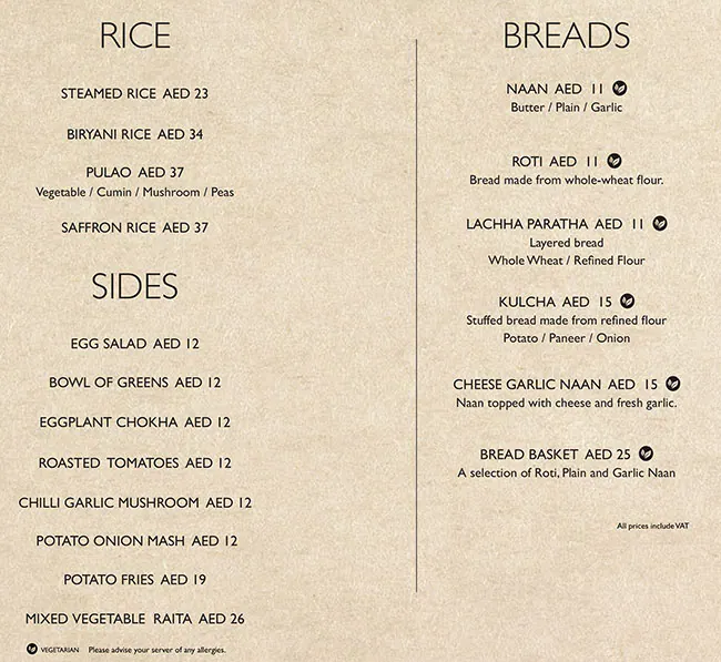 Asha's Menu, Menu for Asha's, Al Maryah Island, Abu Dhabi 