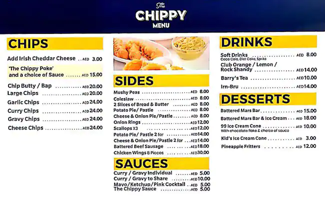 The Chippy Menu, Menu for The Chippy, Al Reem Island, Abu Dhabi 