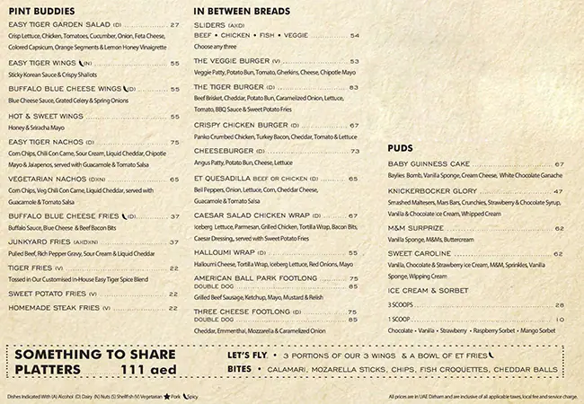 Easy Tiger Restaurant Menu, Menu for Easy Tiger Restaurant, Al Markaziya, Abu Dhabi 