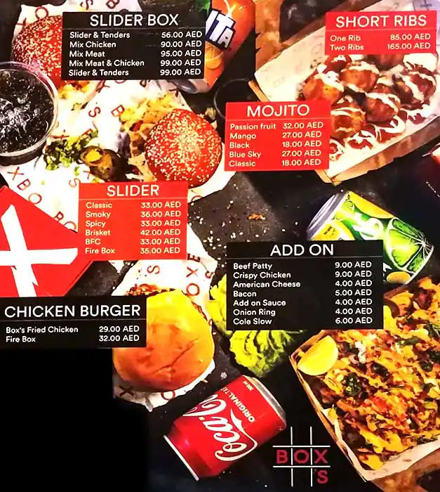 Box's Menu, Menu for Box's, Masdar City, Abu Dhabi 