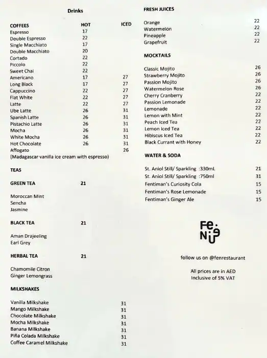 Fen Menu, Menu for Fen, University City, Sharjah 