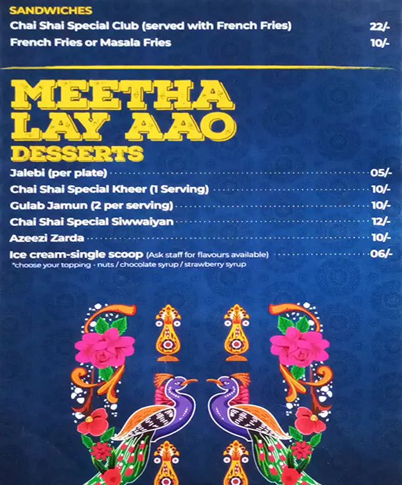 Chai Shai Restaurant And Coffee Shop Menu 