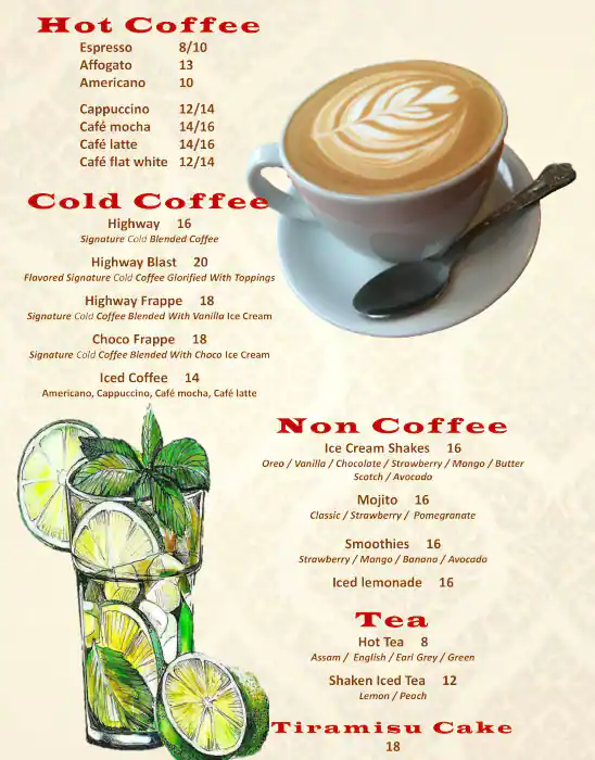 Cafe Highway Menu, Menu for Cafe Highway, Mussafah Shabiya, Abu Dhabi 