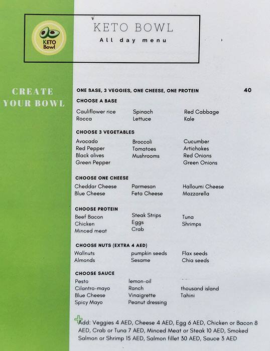 Keto Bowl Menu, Menu for Keto Bowl, Al Wahda, Abu Dhabi 