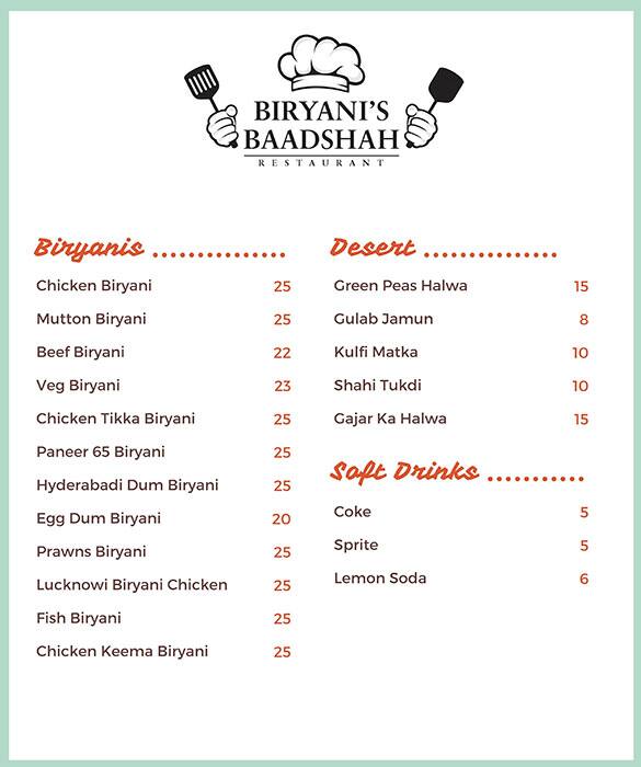 Biryani's Baadshah Menu, Menu for Biryani's Baadshah, Muwailih Commercial, Sharjah 