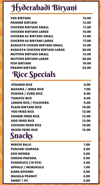 Telangana Restaurant Menu, Menu for Telangana Restaurant, Mussafah Shabiya, Abu Dhabi 