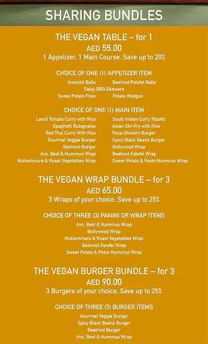 The Vegan Table Menu, Menu for The Vegan Table, Al Majaz, Sharjah 