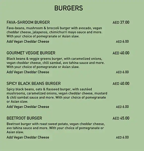 The Vegan Table Menu, Menu for The Vegan Table, Al Majaz, Sharjah 