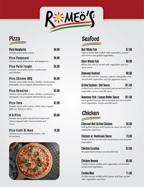 Romeo's Menu, Menu for Romeo's, Al Reem Island, Abu Dhabi 