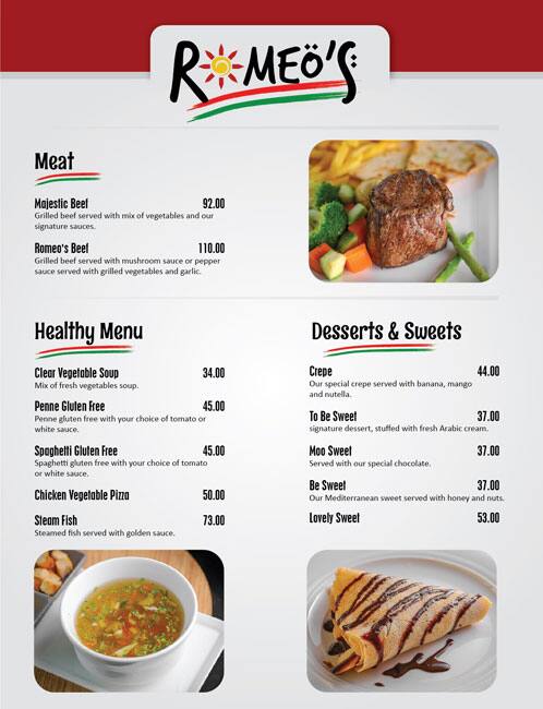 Romeo's Menu, Menu for Romeo's, Al Reem Island, Abu Dhabi 