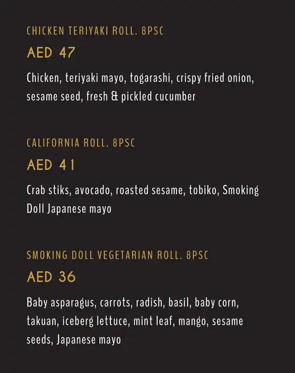 Smoking Doll Menu, Menu for Smoking Doll, Al Raha, Abu Dhabi 