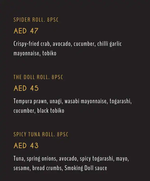 Smoking Doll Menu, Menu for Smoking Doll, Al Raha, Abu Dhabi 