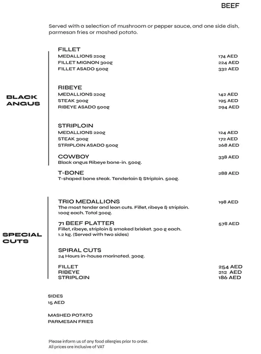 71 Steak & Grill Menu, Menu for 71 Steak & Grill, University City, Sharjah 