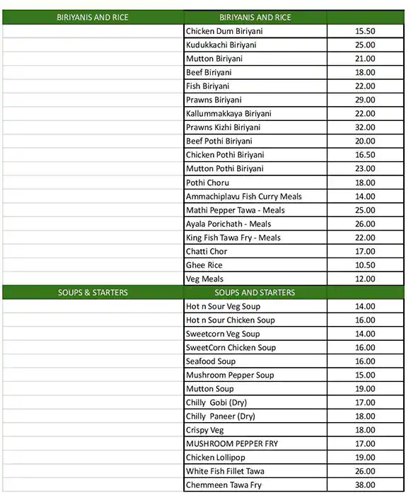 Ammachi Plavu Deliciously Keralam Restaurant Menu 