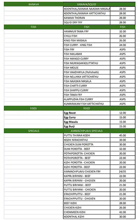 Ammachi Plavu Deliciously Keralam Restaurant Menu 