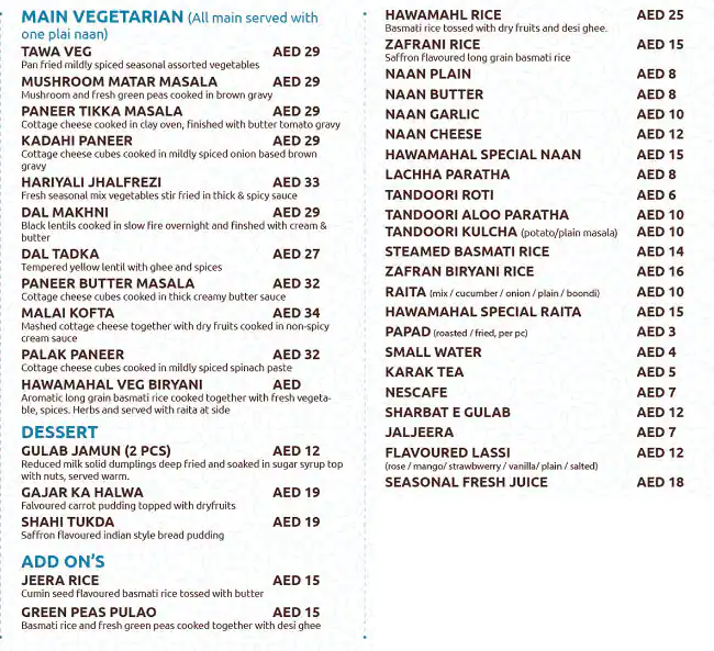 Hawa Mahal  Menu, Menu for Hawa Mahal , Al Maqtaa, Abu Dhabi 