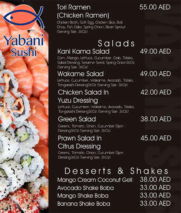 Yabani Sushi Menu, Menu for Yabani Sushi, Al Mushrif, Abu Dhabi 